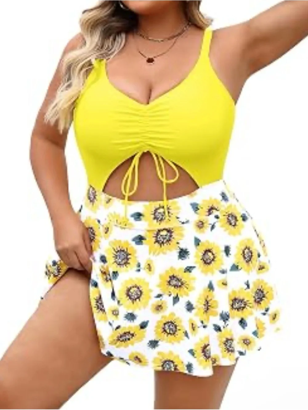Hanna Nicole Yellow Sunflower Swim Dress with Tie-Front Detail